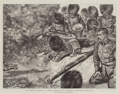 Vojenské manévry, náhlé přerušení hudby kapely Skotské gardy od Charles Paul Renouard